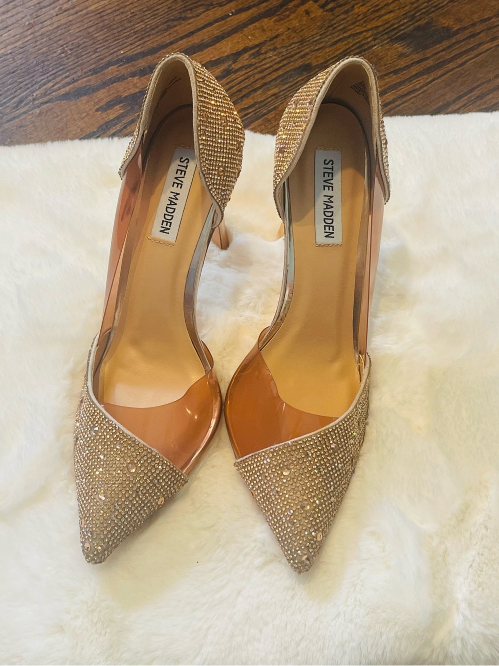Steve Madden elegant gold Crystal Pointed-Toe Clear Panel Stiletto Heels - Picture 4 of 12
